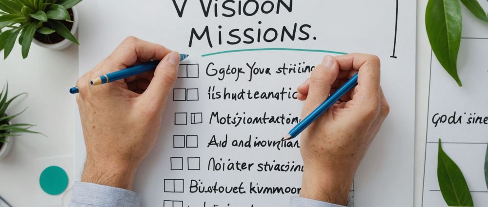 Человек пишет маркером на бумаге с заголовками "Vision Missions".