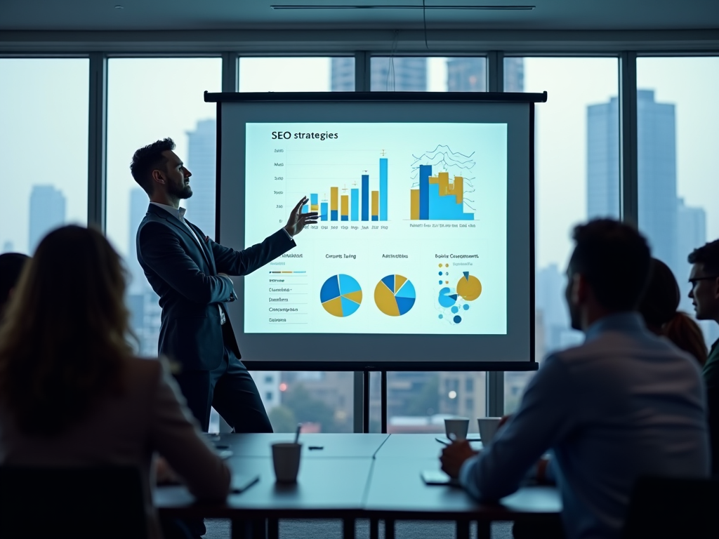 Man presenting SEO strategies to a group in a modern office setting.