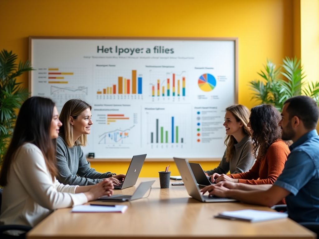 Four professionals discussing data & charts on a large presentation board in a bright office.