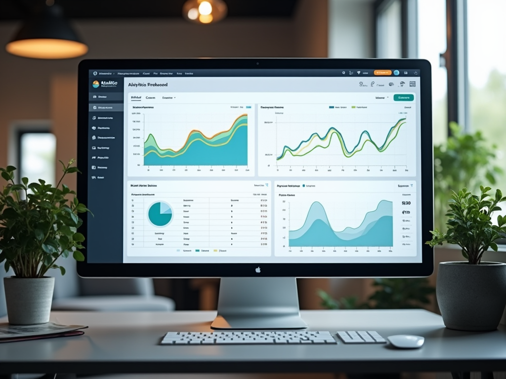 Two computer monitors displaying colorful data analytics charts on a desk surrounded by potted plants in an office.