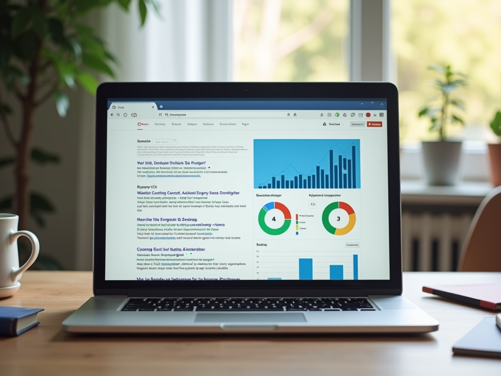 Ноутбук с открытыми графиками и аналитикой на экране на столе около окна.