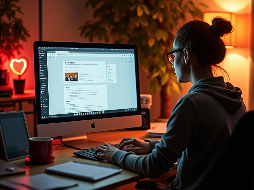 Woman working on a computer in a warmly lit home office at night.