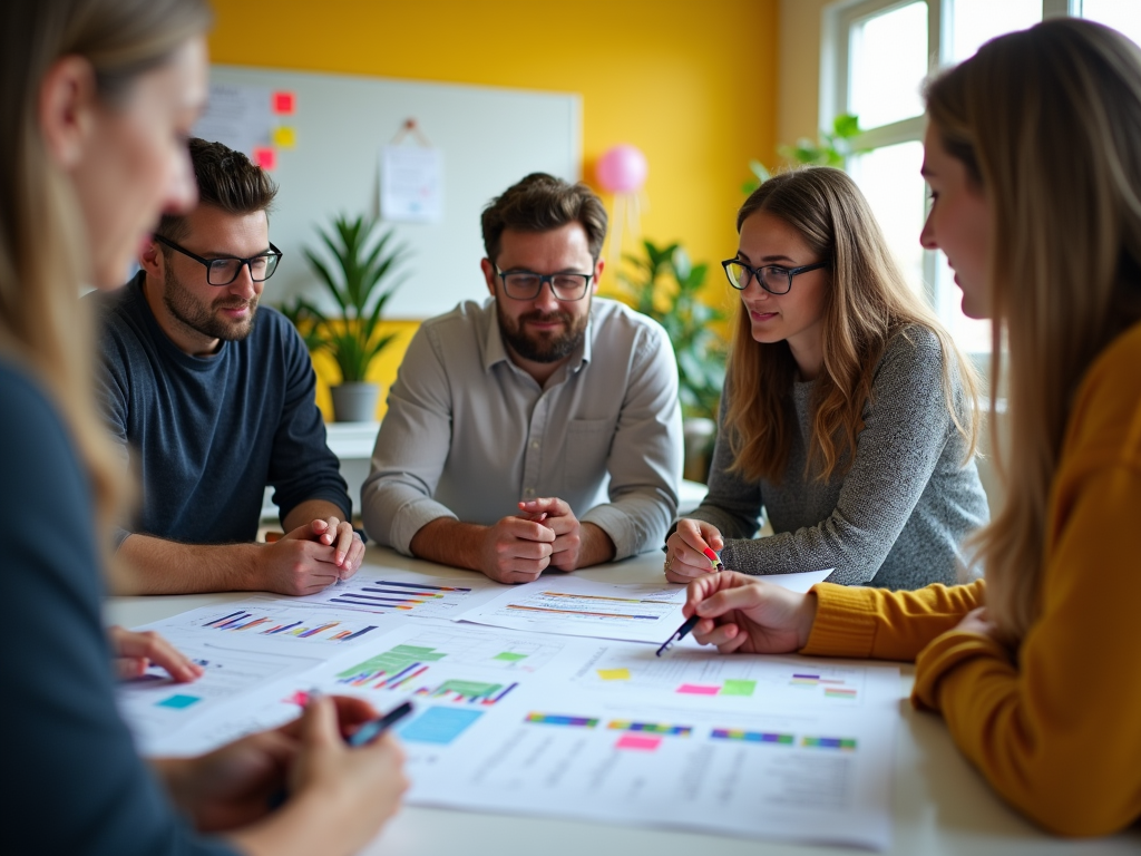 Four professionals collaborating around a table with documents and charts in a bright, colorful office.