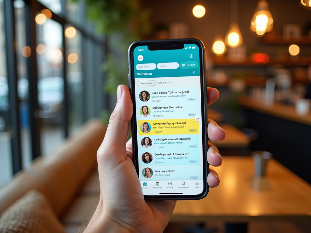 Close-up of a hand holding a smartphone displaying a messaging app with various conversations in a cafe.