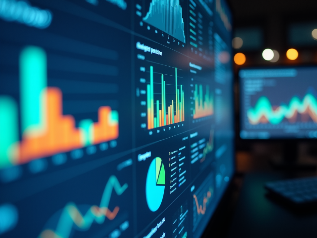 Close-up of computer screens displaying various financial charts and data analytics in a dark room.