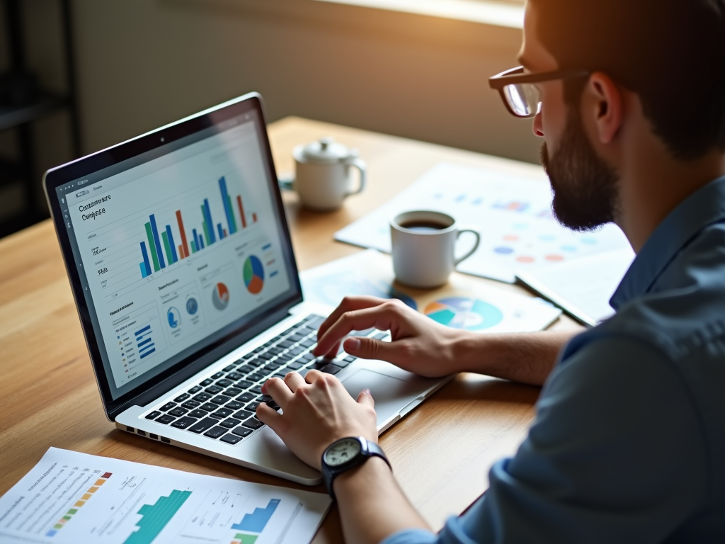 Man analyzing financial data on laptop with graphs and charts, while sitting at desk with coffee.