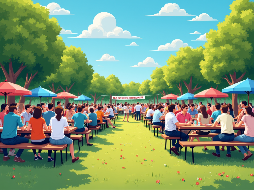 Outdoor community event with people gathering at picnic tables under colorful umbrellas in a sunny park.