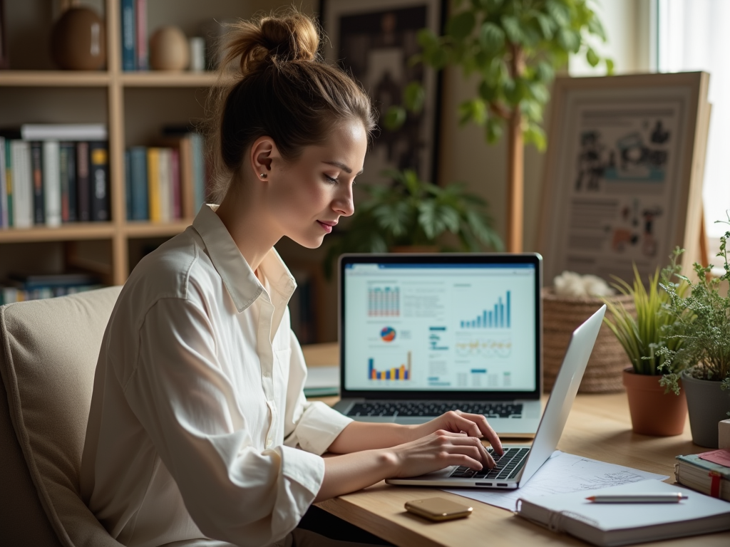 Woman working on laptop with graphs on screen in a cozy home office.