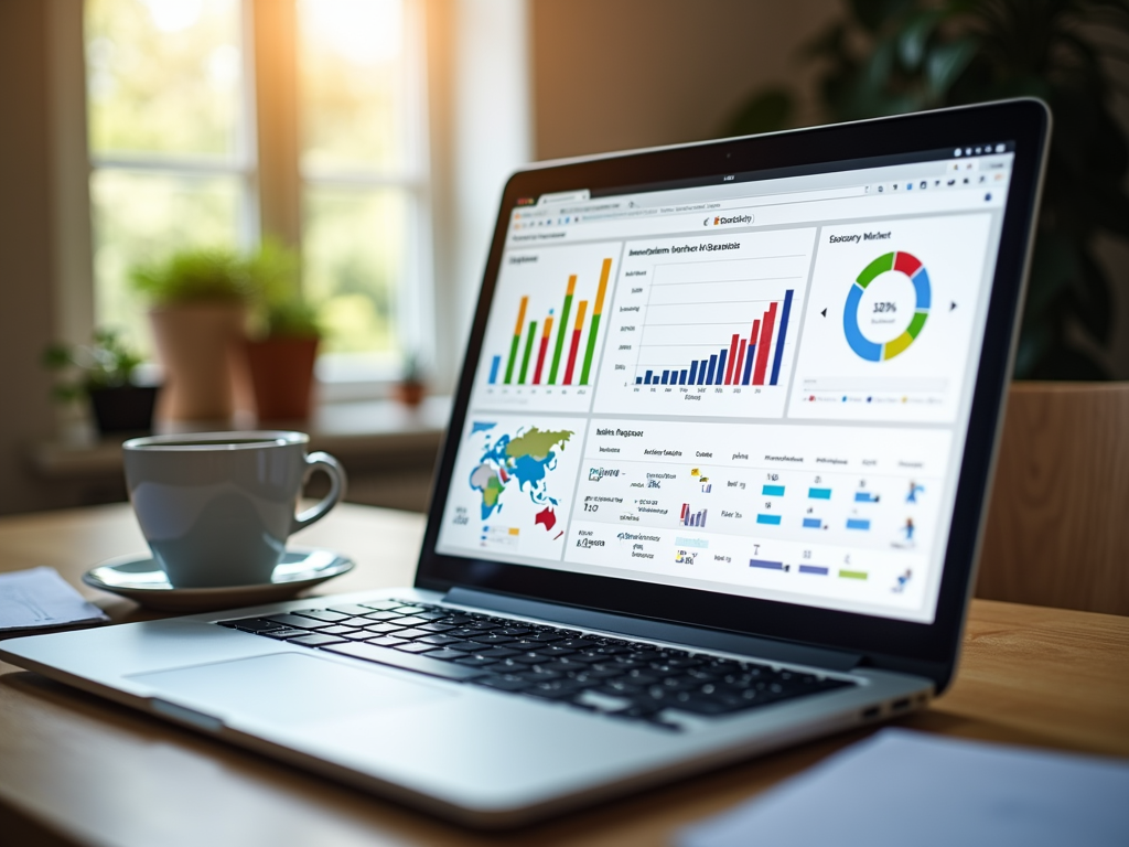 Laptop on a desk displaying colorful business graphs and charts, with a coffee cup and bright window background.