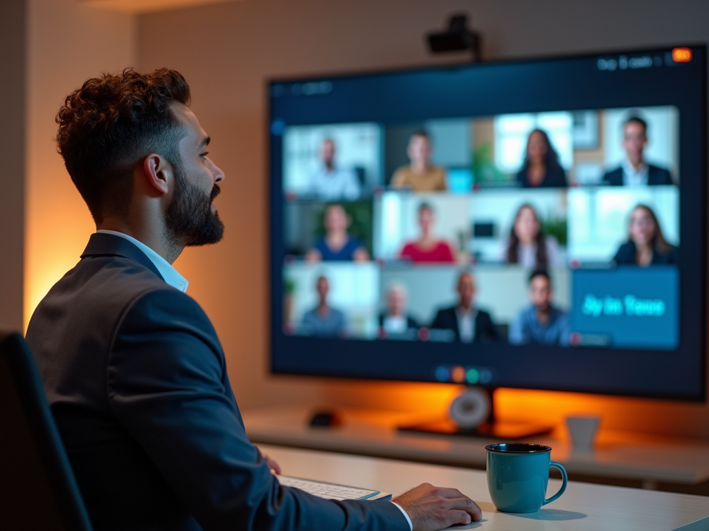 Man attending a virtual meeting with diverse participants on screen.