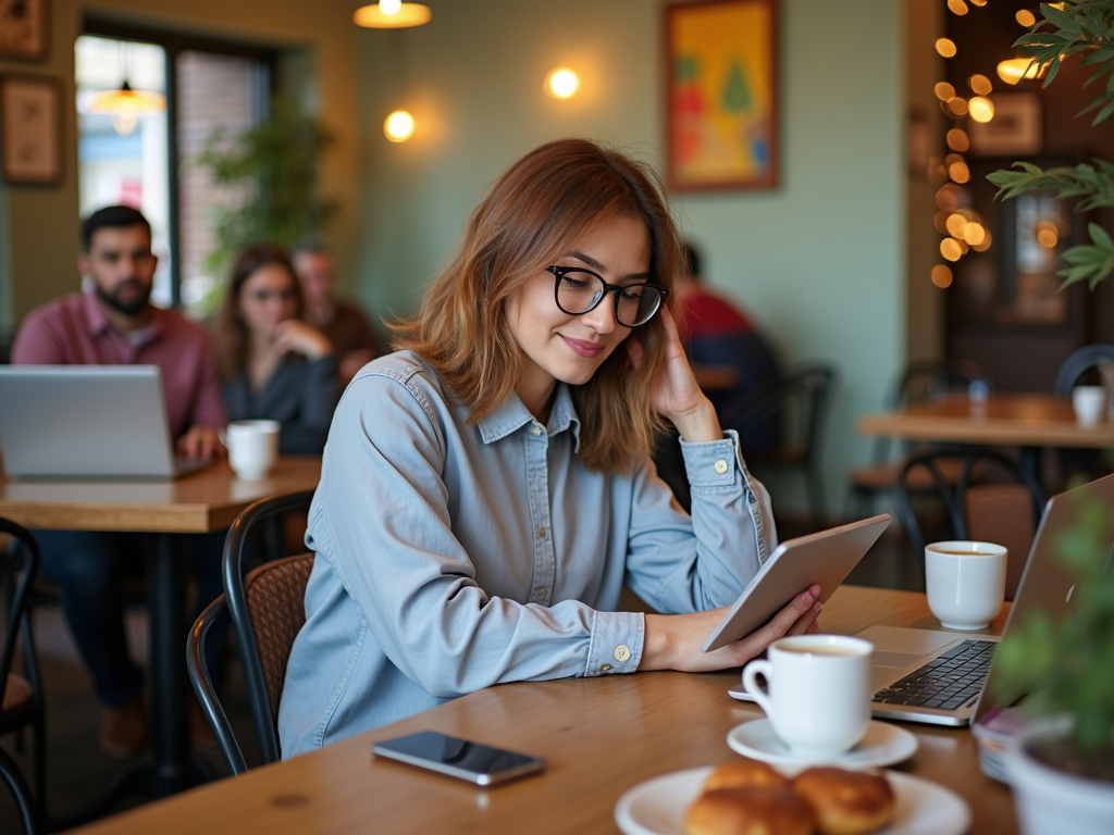 A young woman reading on a tablet at a café, with other patrons working on laptops and enjoying drinks.