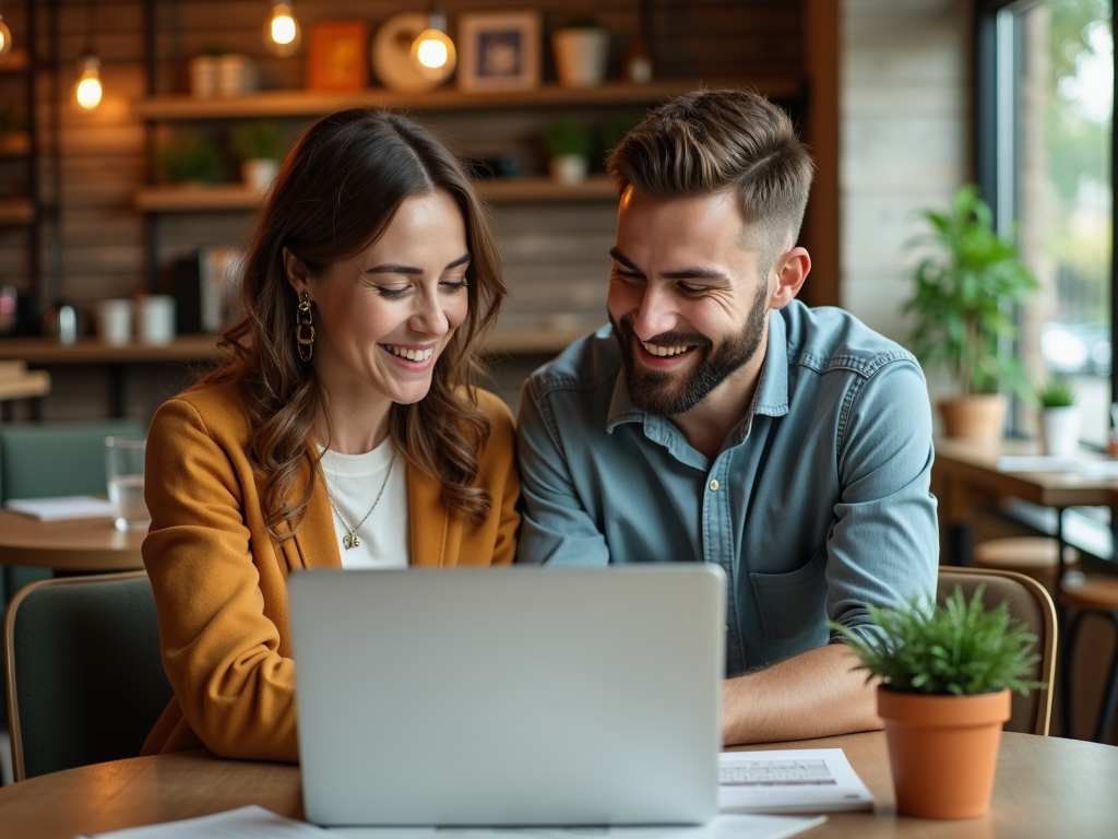 A couple smiles while looking at a laptop in a cozy café, surrounded by plants and warm lighting.