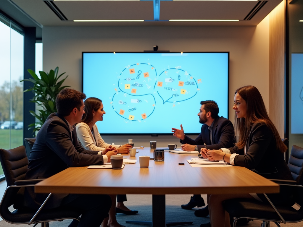 A business meeting in a modern office, with four professionals discussing and a large screen displaying a diagram.