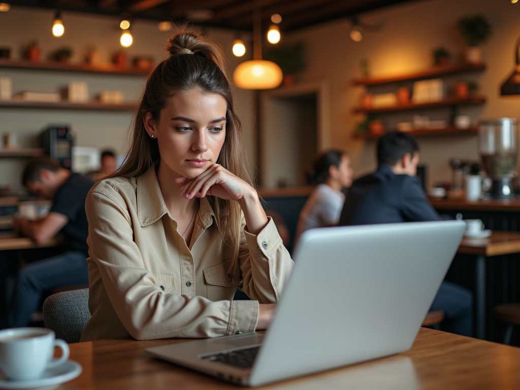 A young woman works intently on her laptop in a cozy café, with other patrons in the background.