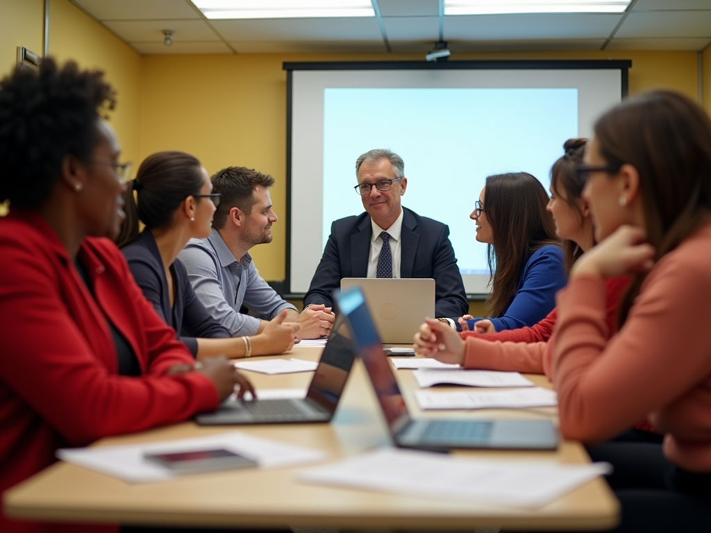 A diverse group of people in a meeting, attentively discussing topics around a table with laptops and documents.