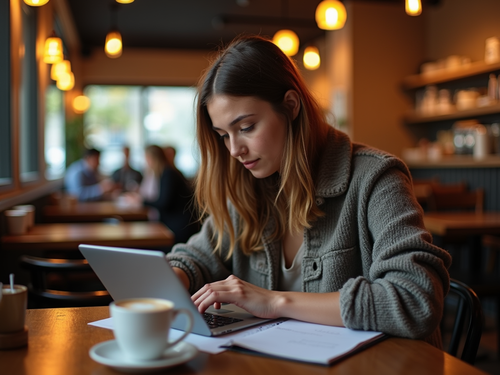 A young woman types on a laptop in a coffee shop, focused, with a cup of coffee nearby. Warm lighting creates a cozy atmosphere.