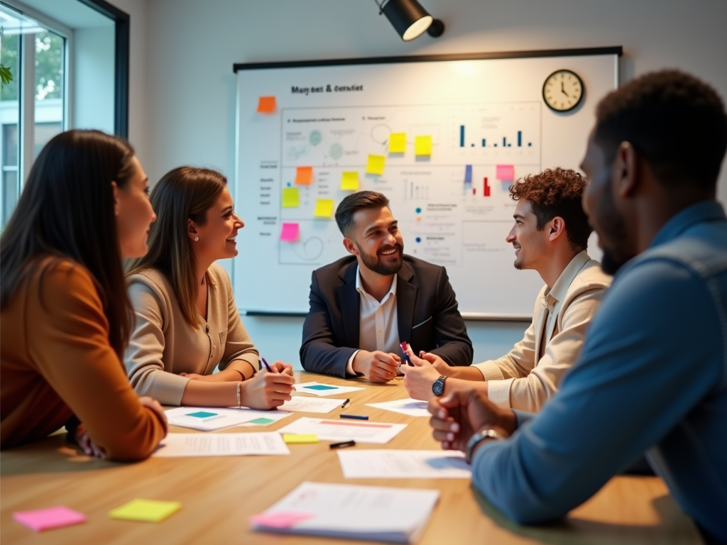 A group of five professionals engaged in a discussion at a meeting table, focused on notes and charts.