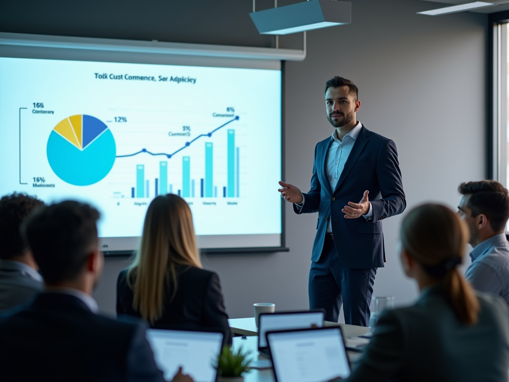 A businessman presents data in a meeting room, with graphs displayed behind him and an engaged audience.