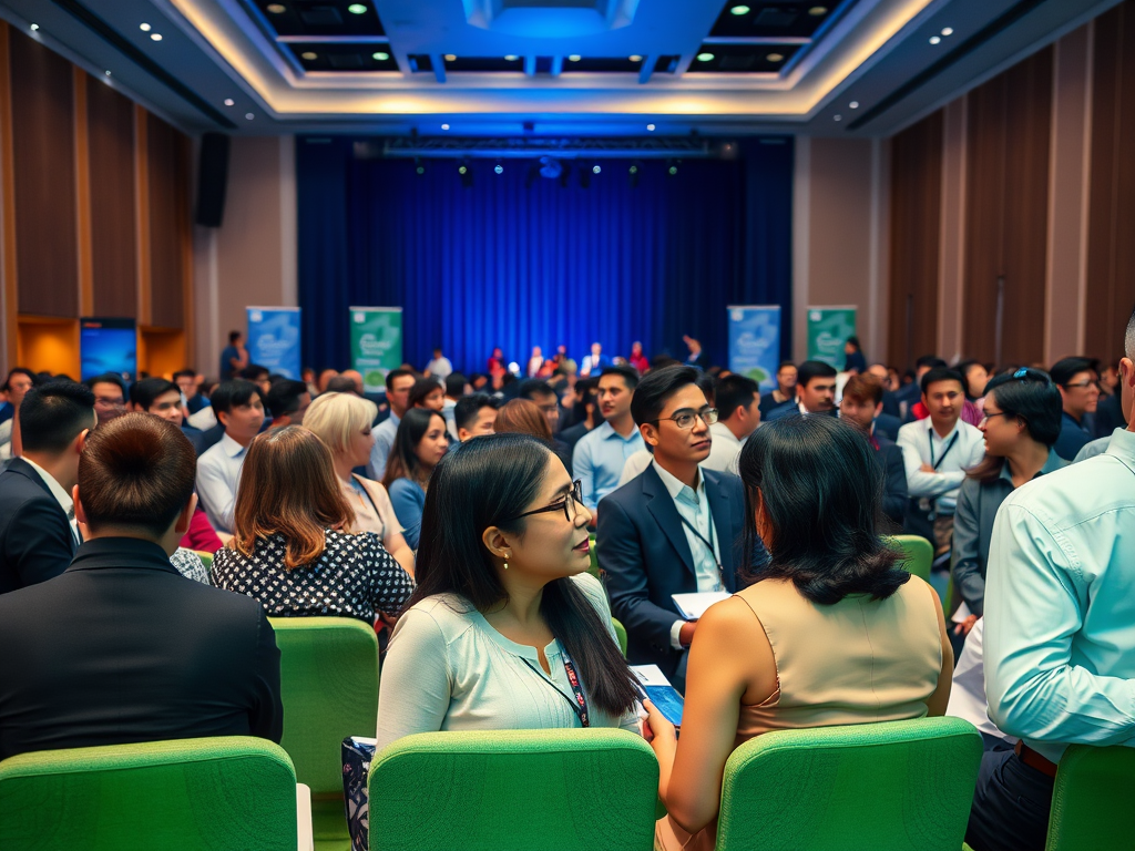 A crowded conference hall with attendees seated, engaged in conversation before a panel discussion.