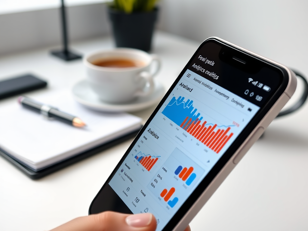 A person holds a smartphone displaying colorful analytics graphs, with a coffee cup and notepad in the background.