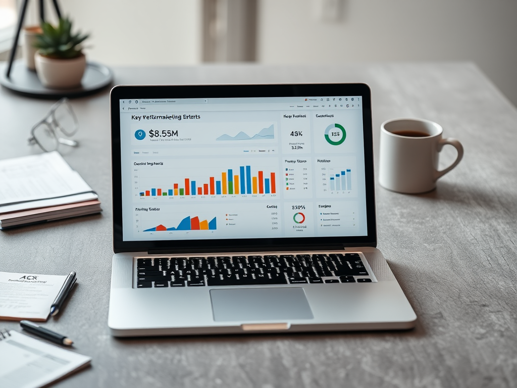 A laptop displaying marketing performance metrics, with charts and graphs, next to a coffee cup and notebooks.