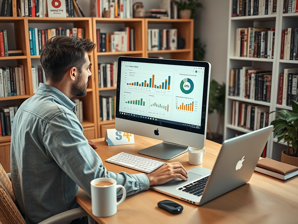 A man reviews charts on a computer screen while working at a desk surrounded by books and a coffee cup.