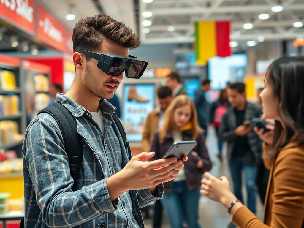 A young man wearing smart glasses checks his phone while interacting with a woman in a busy store.