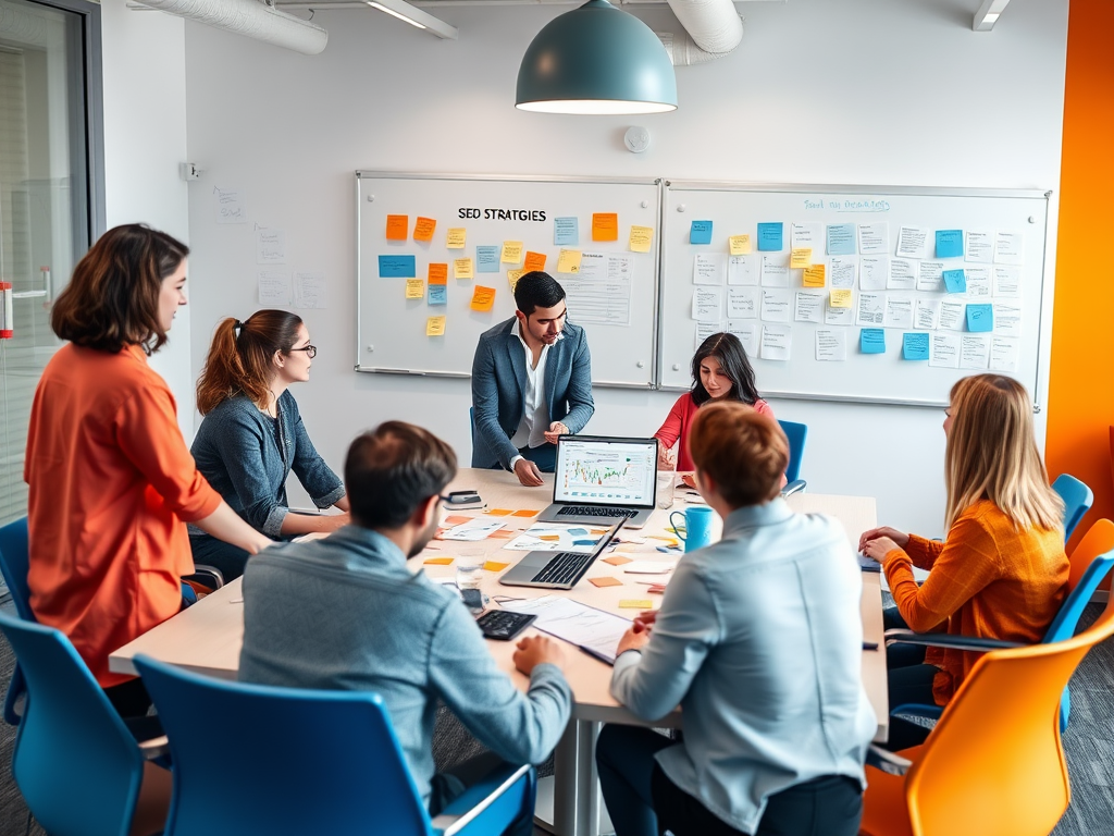 A team collaborates in a meeting room, discussing strategies with sticky notes and charts on a whiteboard.