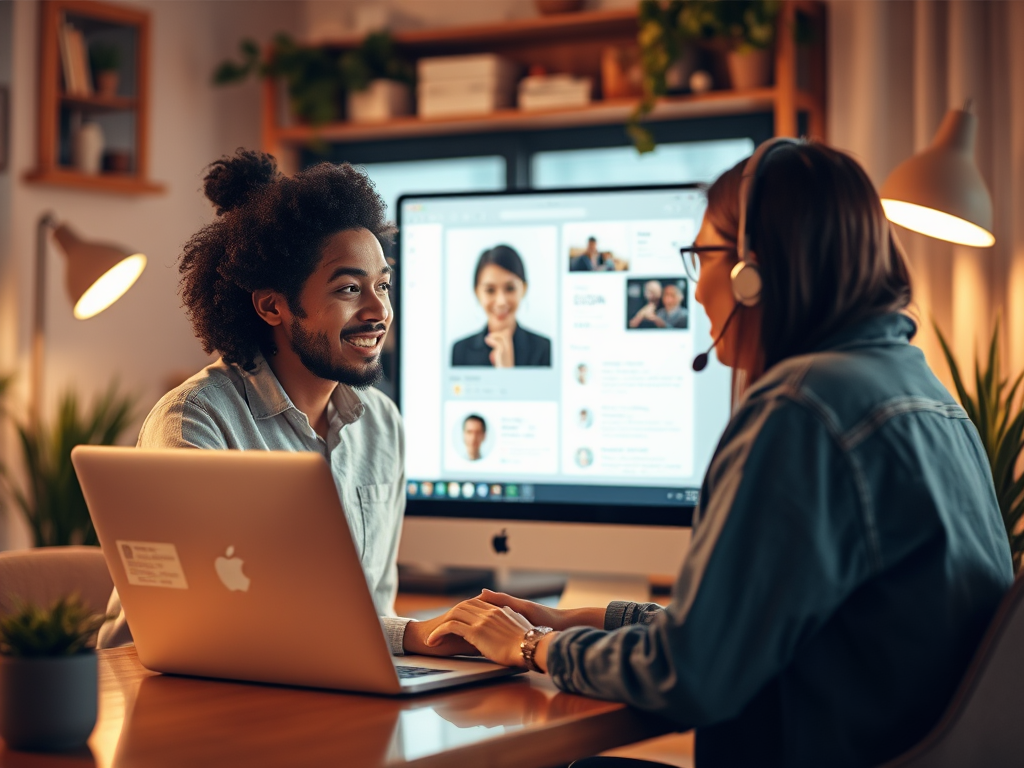 A man and a woman are engaged in a conversation over video call, with a computer displaying profiles in the background.