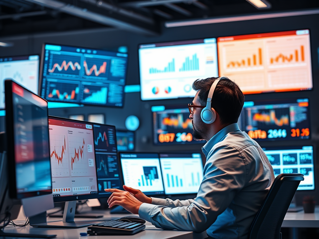 A man in a blue shirt and headphones sits at a desk, analyzing financial data on multiple screens.