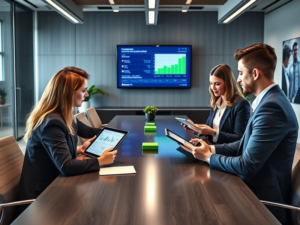 Three professionals in business attire discuss data on tablets during a meeting in a modern conference room.