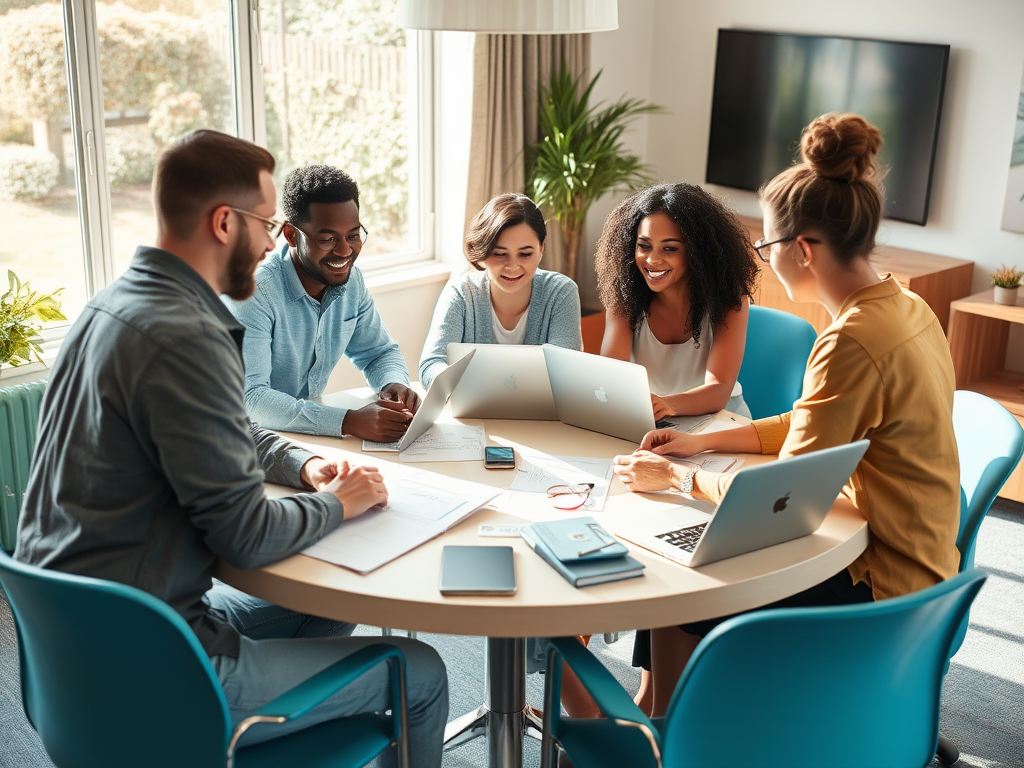 A diverse group of five people collaborates around a table with laptops and papers in a bright, modern workspace.