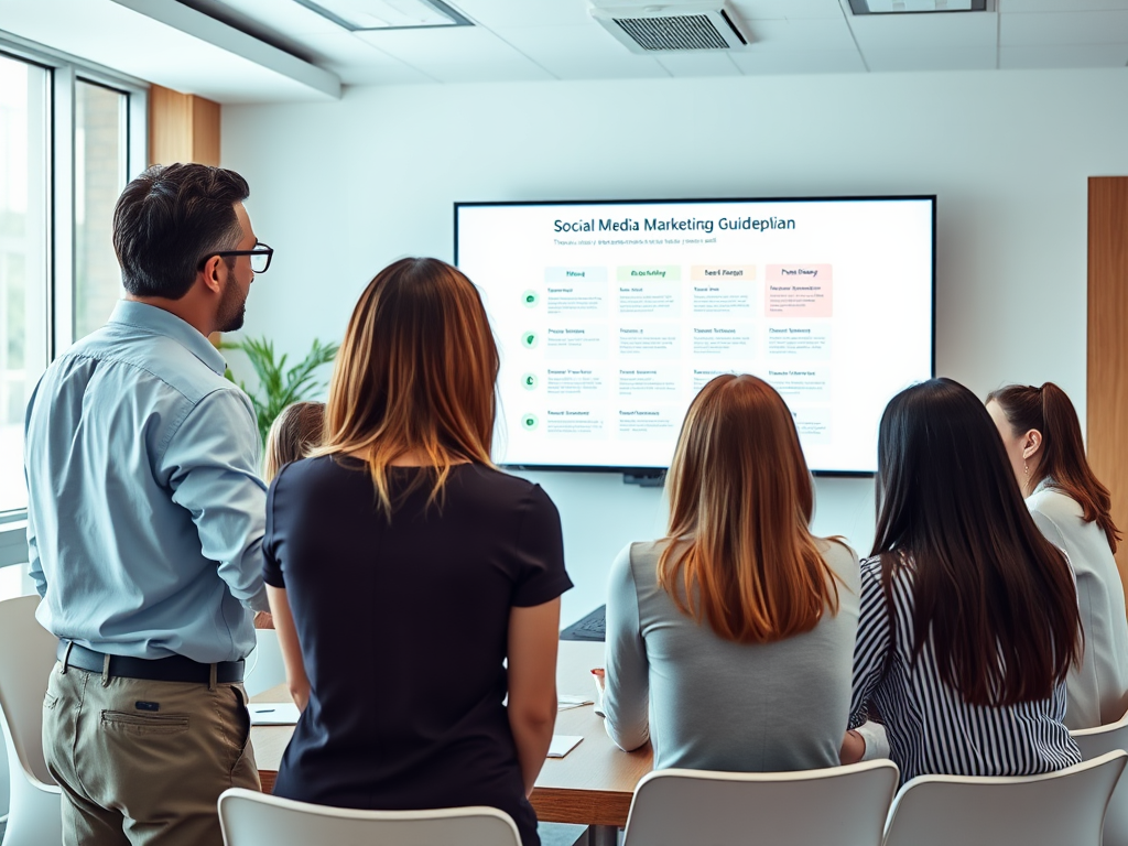 A group of professionals listens attentively to a presentation on social media marketing strategies.