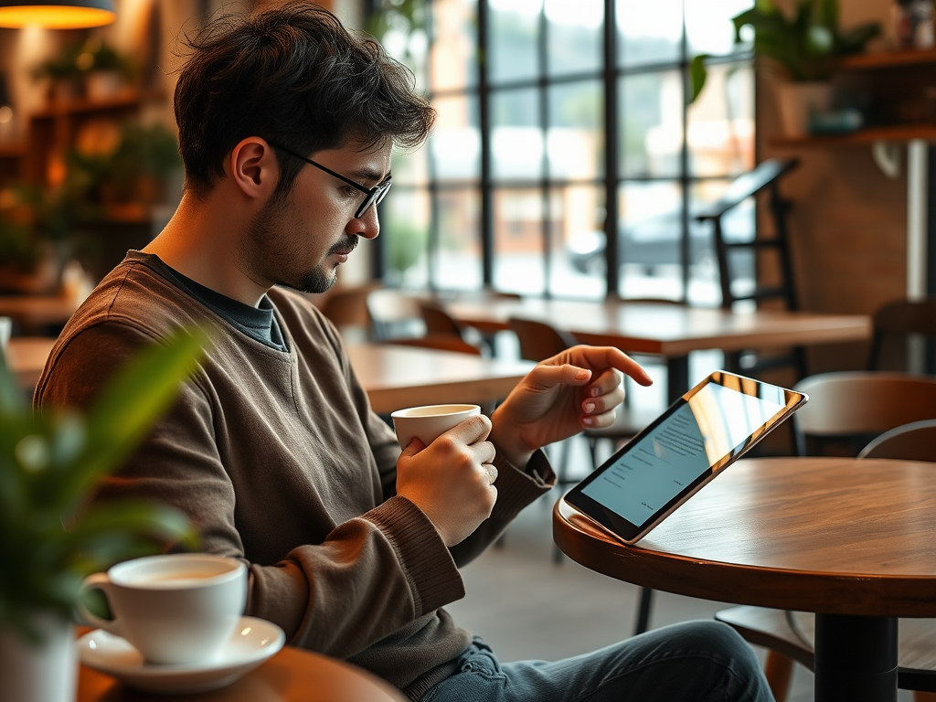 A man sits in a café, holding a cup and using a tablet, focused on the screen amidst a cozy atmosphere.