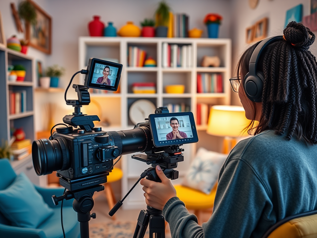 A woman wearing headphones operates a camera while speaking to a person displayed on the monitor.