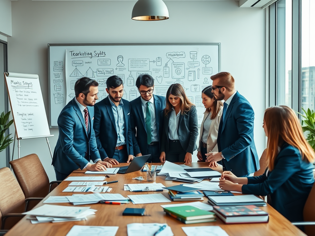 A group of six professionals in business attire collaborate over documents at a conference table, with a whiteboard behind them.