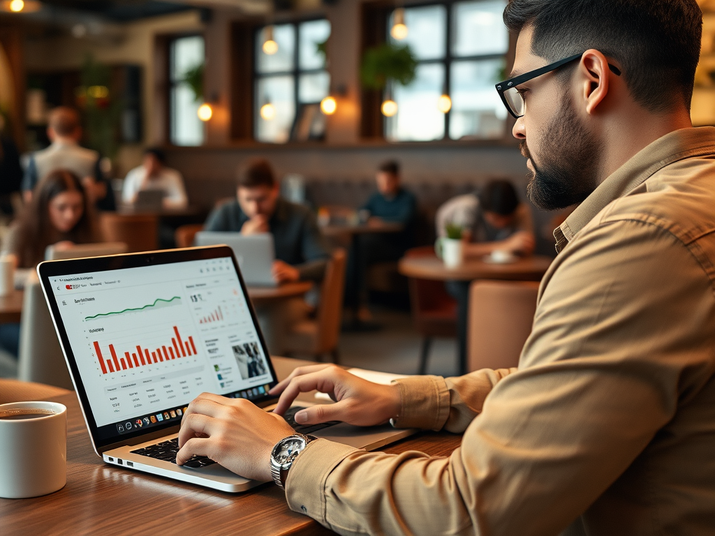 A man works on a laptop displaying graphs in a busy café, with coffee and other patrons in the background.
