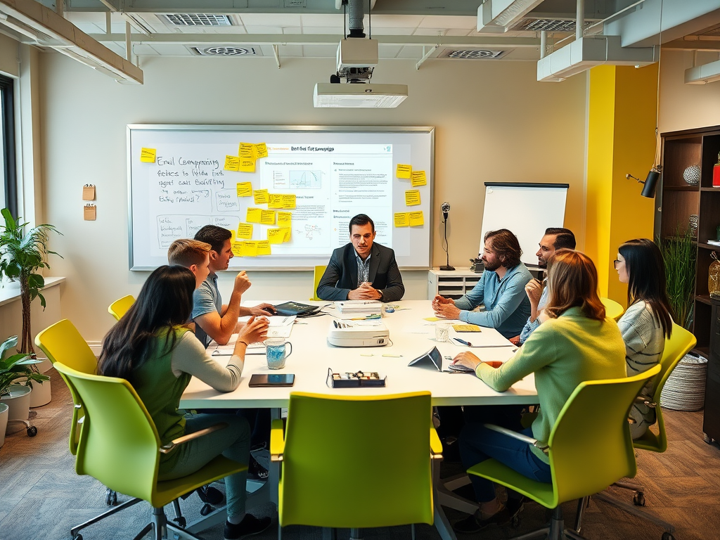 A diverse group of professionals engaged in a meeting around a table, with notes and presentations visible behind them.