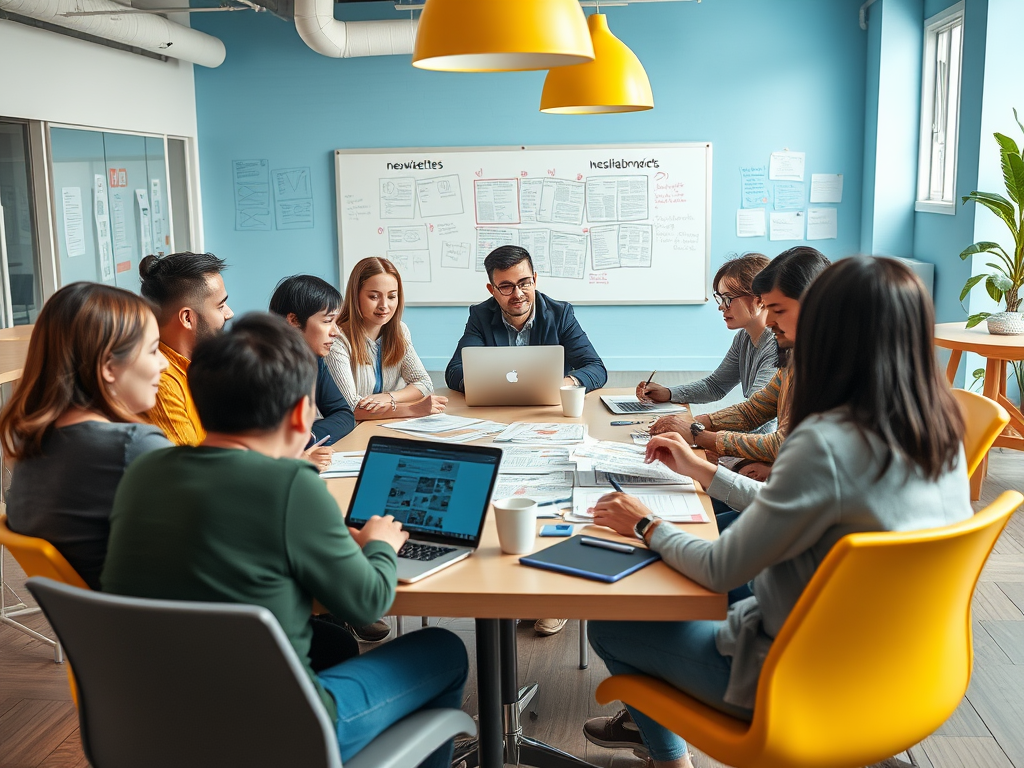 A diverse group of professionals collaborates in a bright meeting room, focused on laptops and documents on the table.