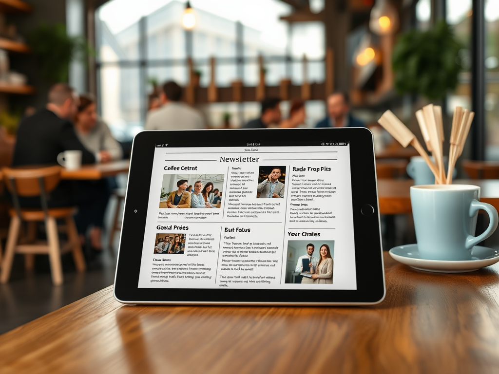 A tablet displaying a newsletter sits on a wooden table, next to a cup and a container of stirrers in a cafe.