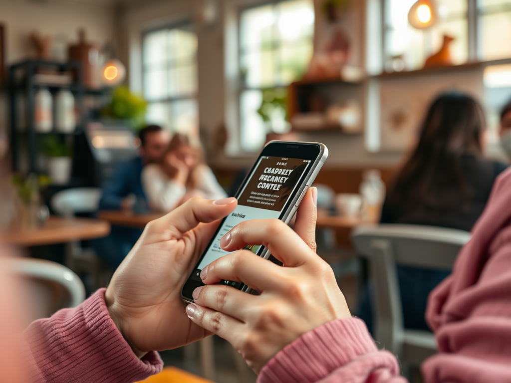 A person holds a smartphone displaying a coffee menu in a cozy café with people chatting in the background.