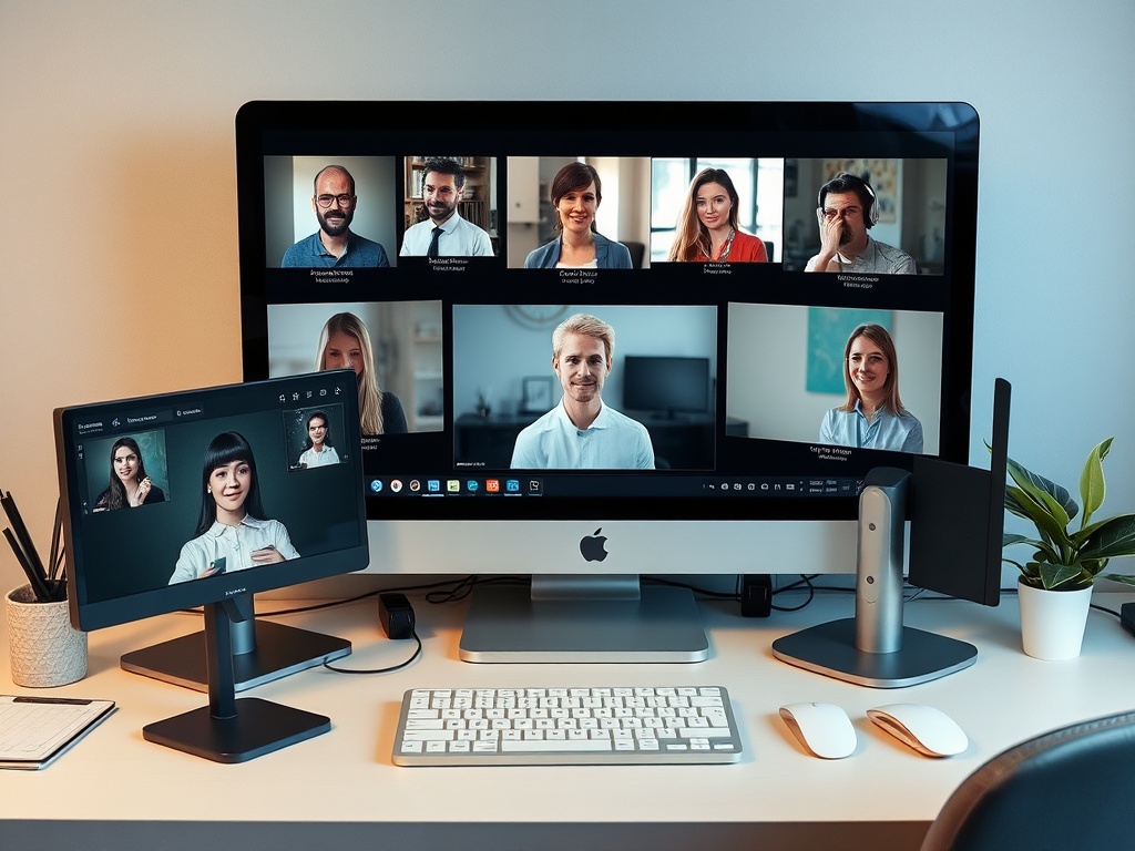A workspace with two screens displaying a video conference with several participants. A plant and office supplies are nearby.