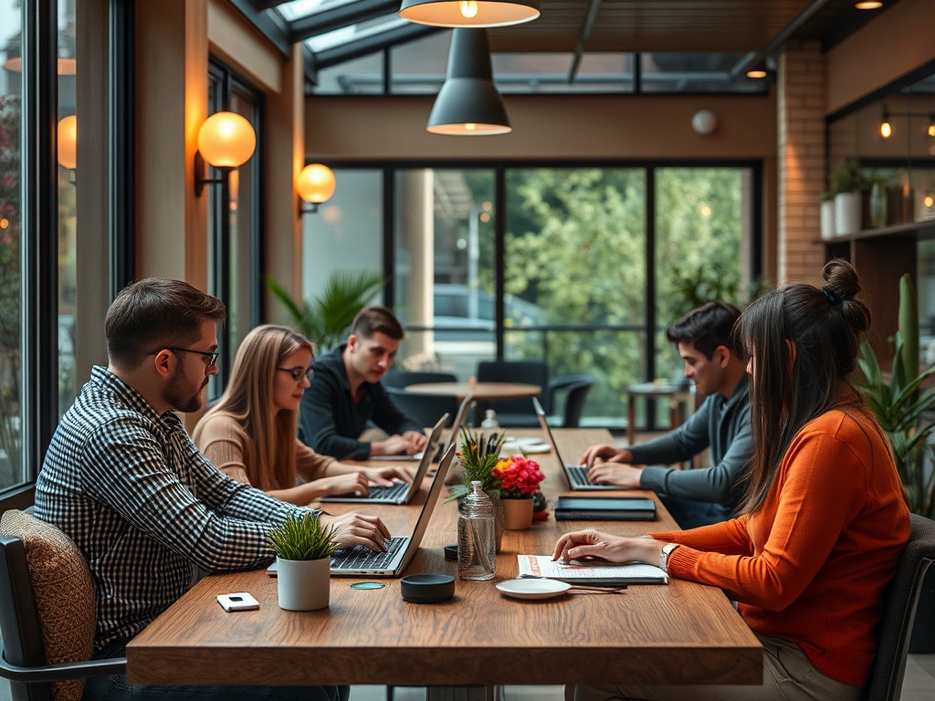 A group of five young adults work collaboratively in a bright, modern workspace with laptops and plants.