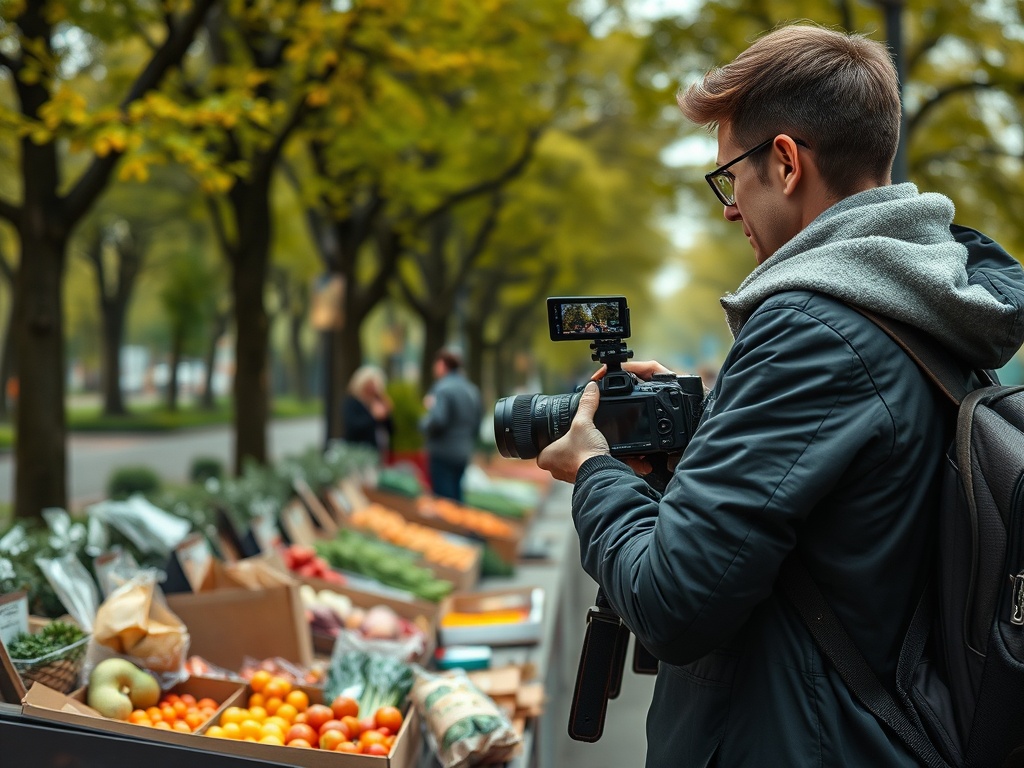 A young man with a camera stands in a market, capturing fresh produce surrounded by trees and people.
