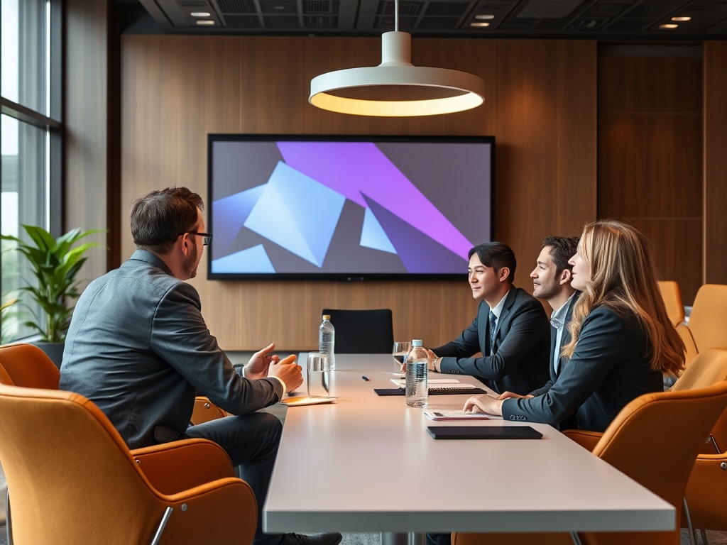 A business meeting in a modern conference room with four professionals seated around a table, focused on a presentation.
