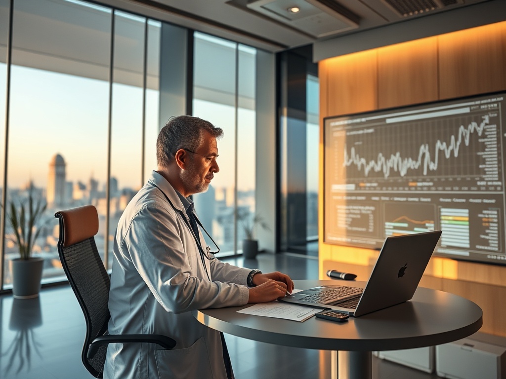 A doctor in a white coat works at a laptop in a modern office with a city skyline view and a data screen behind him.