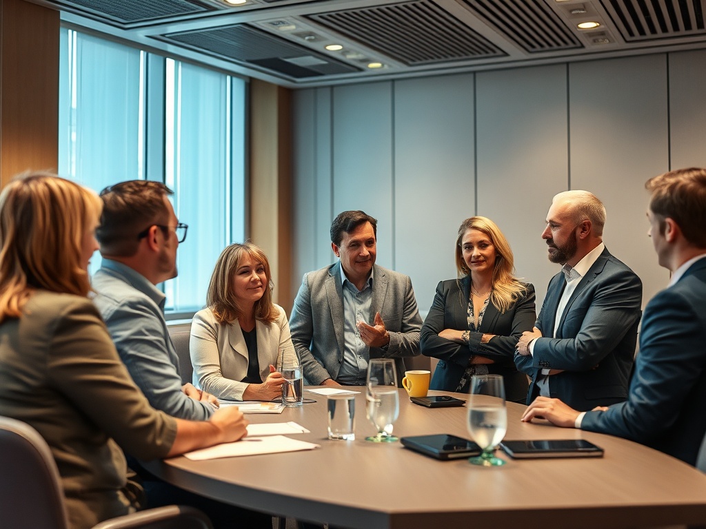 A group of six professionals in business attire engaged in discussion around a conference table.
