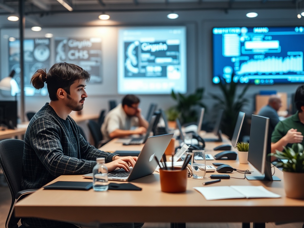A focused young man works on a laptop in a modern office, surrounded by colleagues and digital displays.