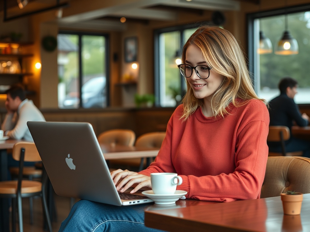A smiling woman in a red sweater works on her laptop in a cozy coffee shop, with a cup of coffee beside her.